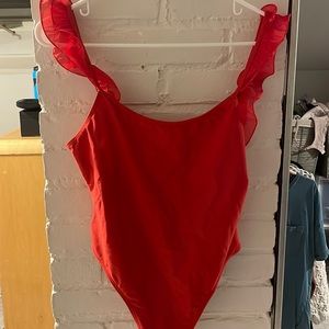 Red ruffle low back one piece swimsuit